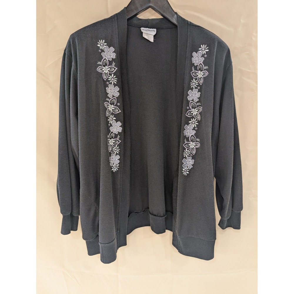 Vintage BonWorth Petite M Open Front Cardigan Embroidered Flowers Black Womens - Picture 1 of 6